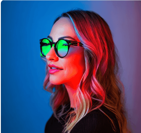 Woman with tinted glasses in colorful lighting, featuring blue and red hues.