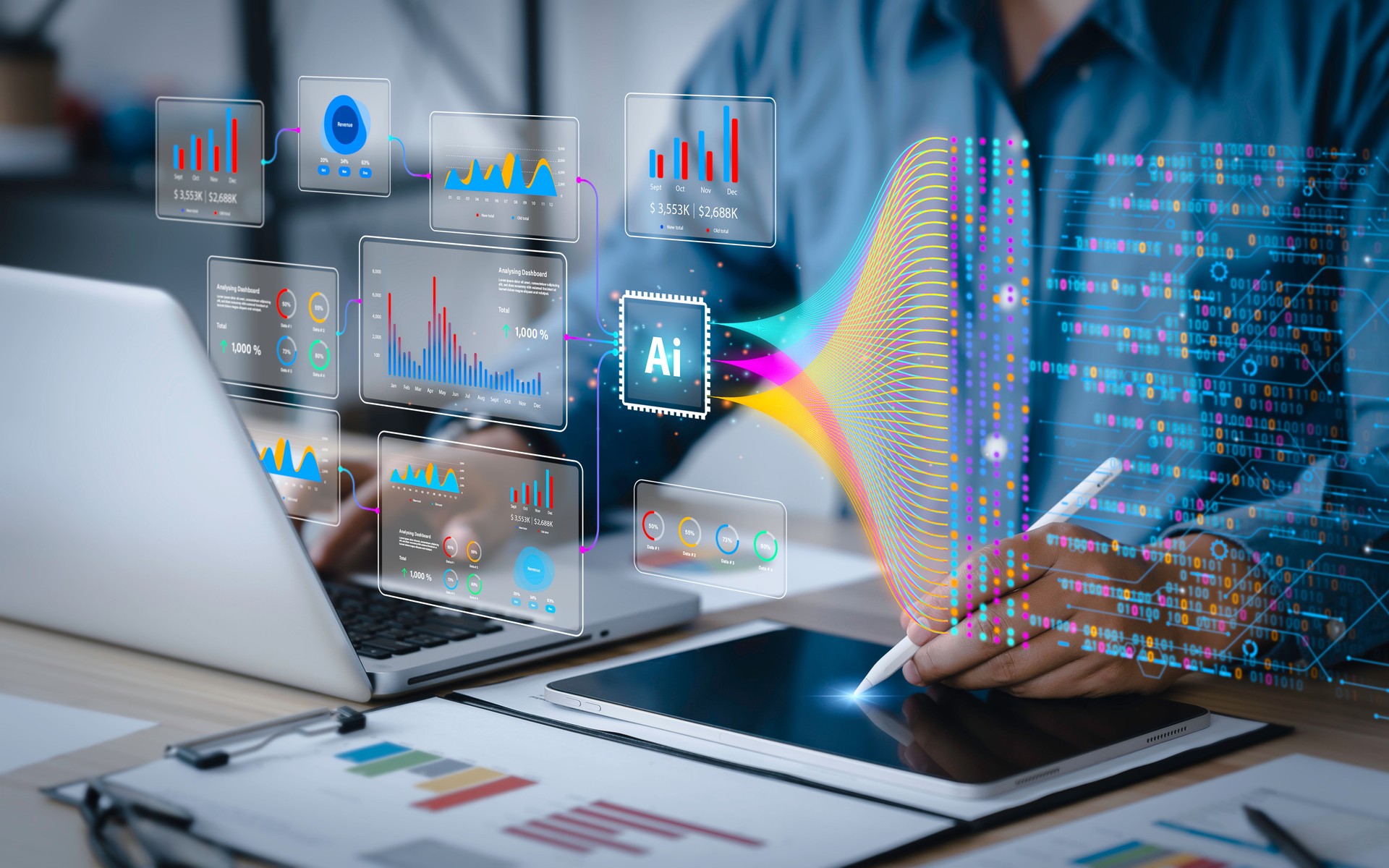 Data analysis science and big data with AI technology. Analyst or Scientist uses a computer and dashboard for analysis of information on complex data sets on computer. Insights development engineer